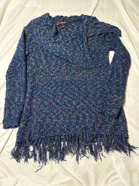 Peck & Peck Womens Medium Sweaters Tweed Blue Boucle Fringe Cowl Long Sleeve